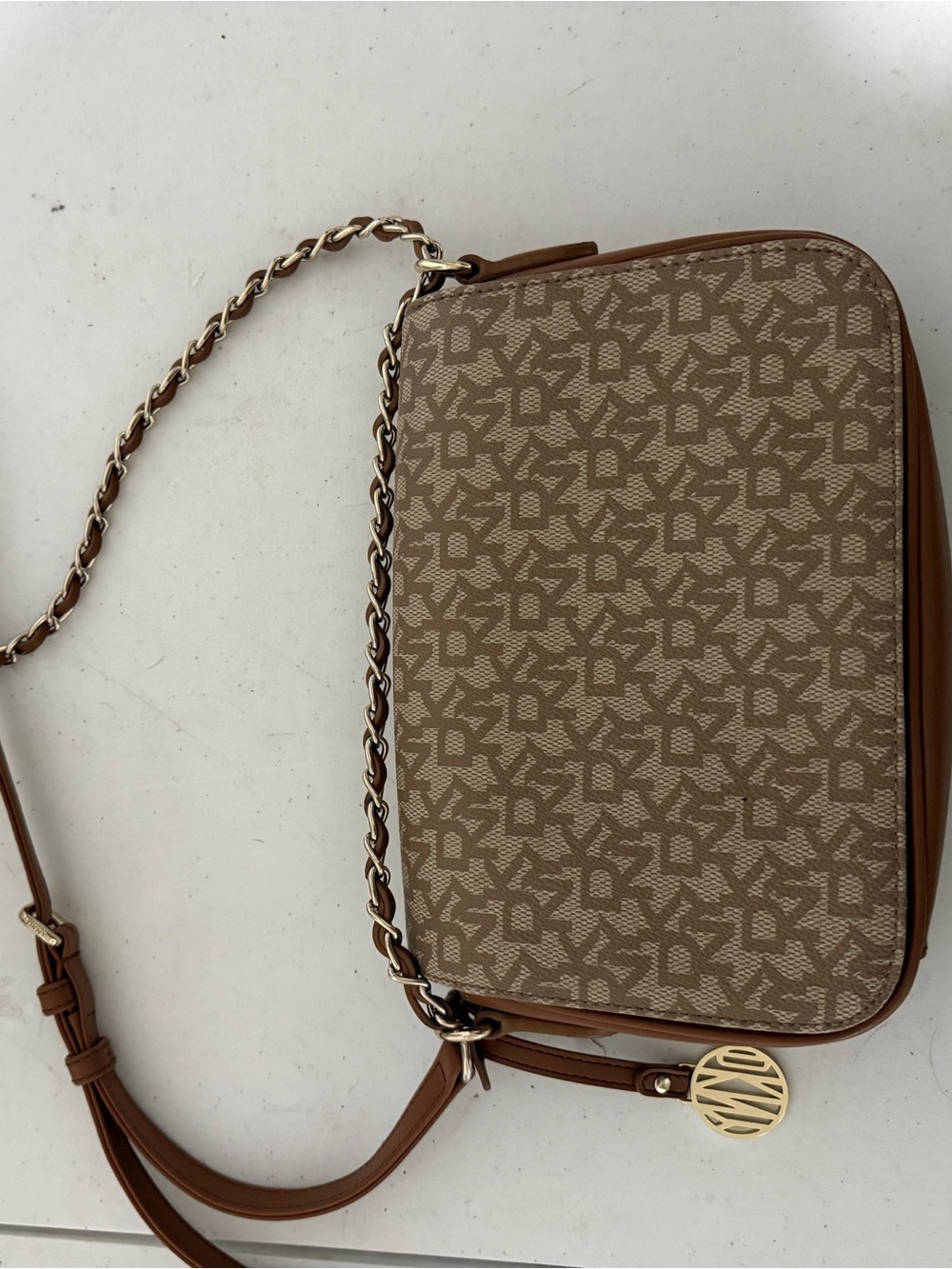 DKNY brown and tan crossbody bag with chain
